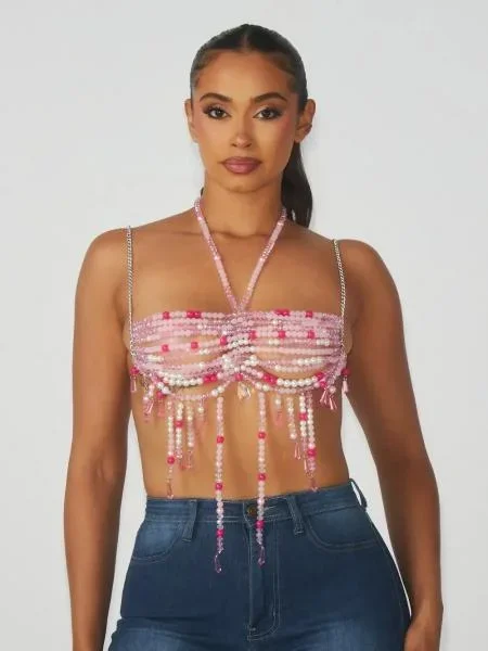 Festival Glam Beaded Halter Top – Pink – One Size