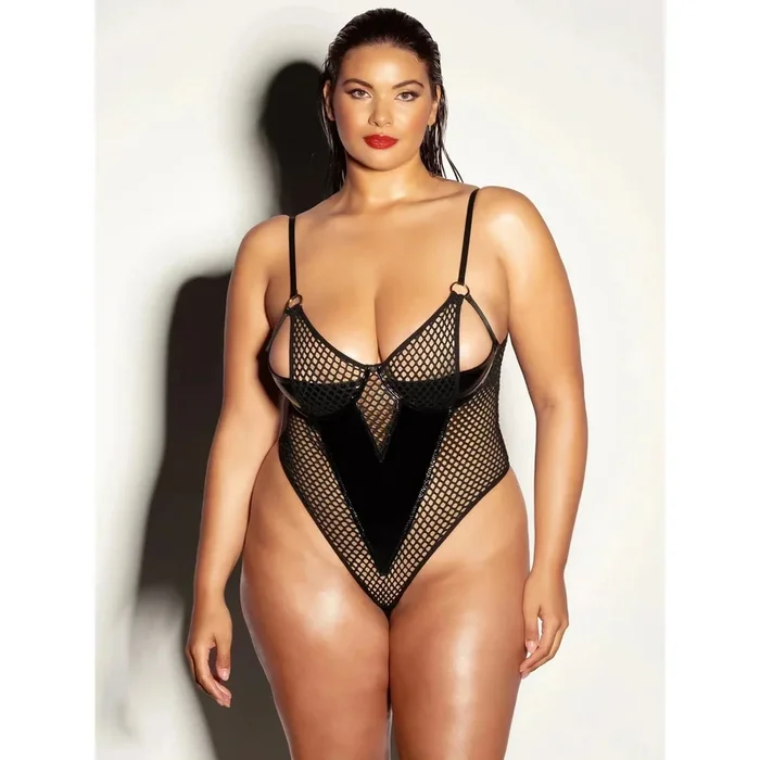 Fetish Frisky Fishnet & Vinyl Shelf Cup Peek A Boo Teddy – Queen