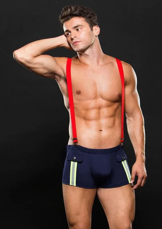 Fireman Bottom With Suspenders Sexy Navy Blue Red Costume
