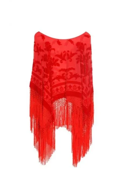 Floral Burnout Velvet Poncho – Red – One Size