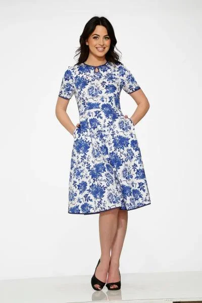 Floral Dress with Pockets – White/Blue –