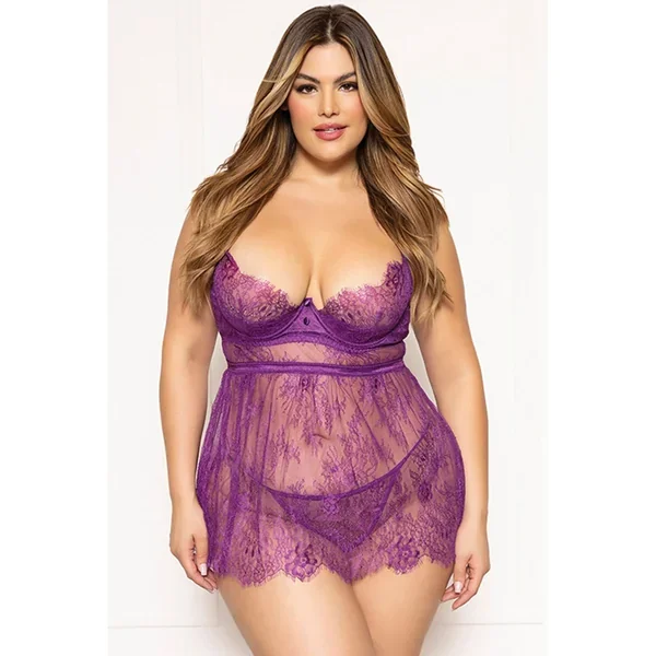 Floral Eyelash Lace Underwire Babydoll w/Thong 2 pc Set – Purple