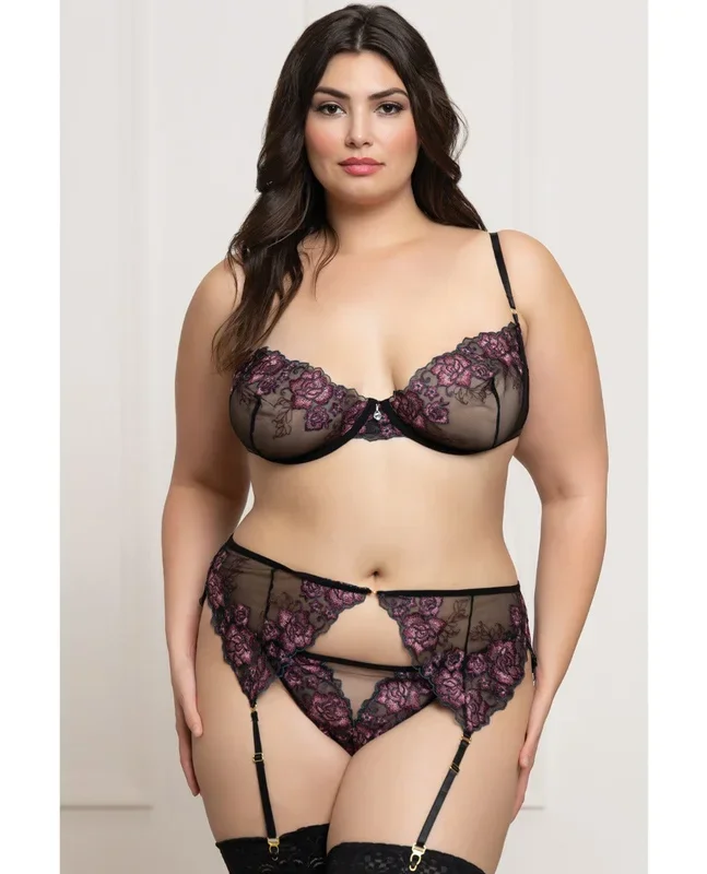 Floral Lace and Mesh Underwire Bra w/Garter & Thong 3 pc Set – Black/Purple 1X/2X