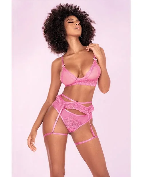 Floral Lace Bra, Ruffle Garter Belt & Panty Sunset Pink
