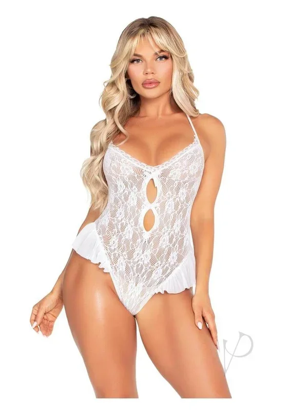 Floral Lace Halter Bodysuit with Mini Bow OS White