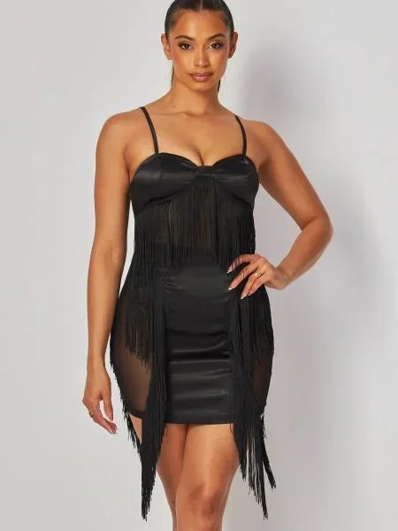 Fringe Contrast Satin Mesh Mini Dress – Black –