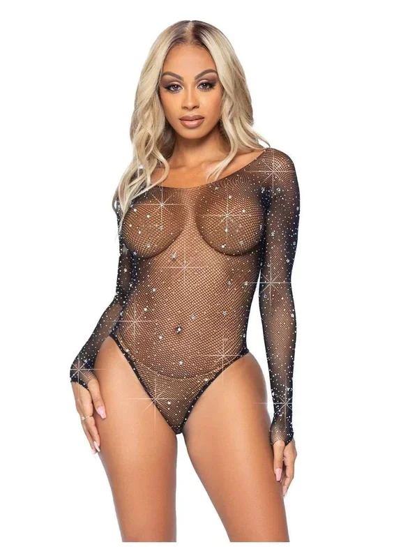 Galaxy Star Rhinestone Fishnet Bodysuit with Snap Crotch