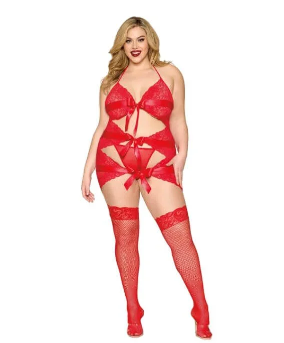 Garter Slip & G-String Set in Poinsettia – Plus Size