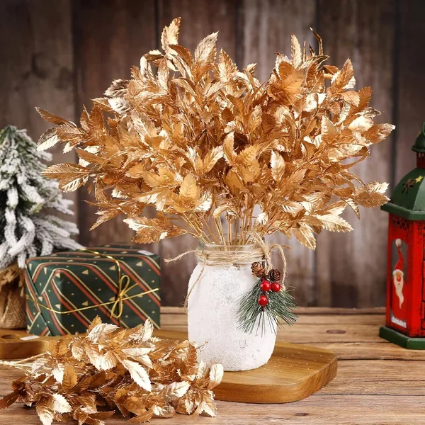 Gold Leaves Artificial Plants For Christmas Decoration, Plastic Grass Fake Shr