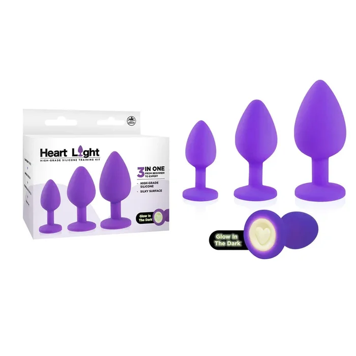 Heart Light – Purple – Purple Butt Plugs with Glow in Dark Bases – Set of 3 Sizes