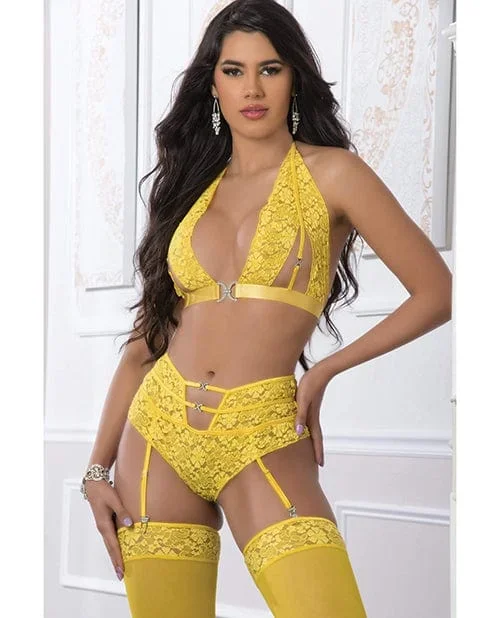 High Waist Lace Garter Panty, Halter Top with Stockings Illuminating One Size Fits Most