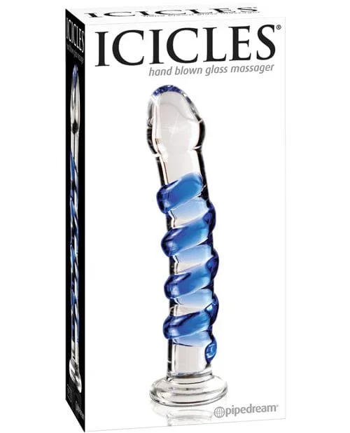 Icicles No. 5 Hand Blown Glass Massager – Clear with Blue Swirls
