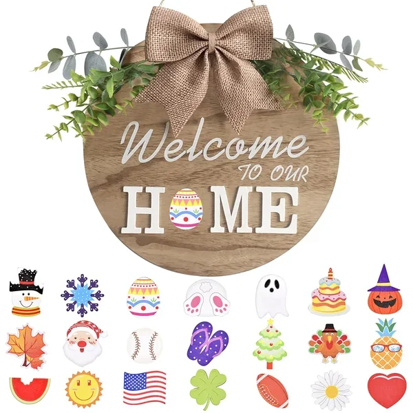 Interchangeable Welcome Home Sign, Seasonal Front Porch Door Decor With 21 Cha