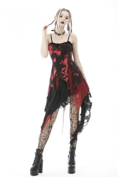 Irregular Net Dye Strap Dress – Red/Black –