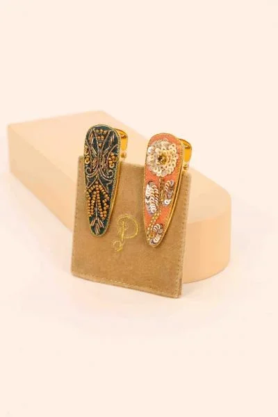 Jeweled Zinnia Hair Clips – Coral/Mosaic in Teal