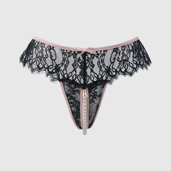 Jocelyn Lace & Pearl Crotchless Thong – Black/Light Pink –