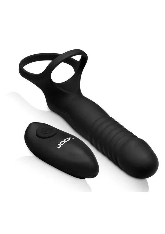 Jock Double Thrust Thrusting and Vibrating Double Penetration Rechargeable Silicone Cock Ring W/ Remote
