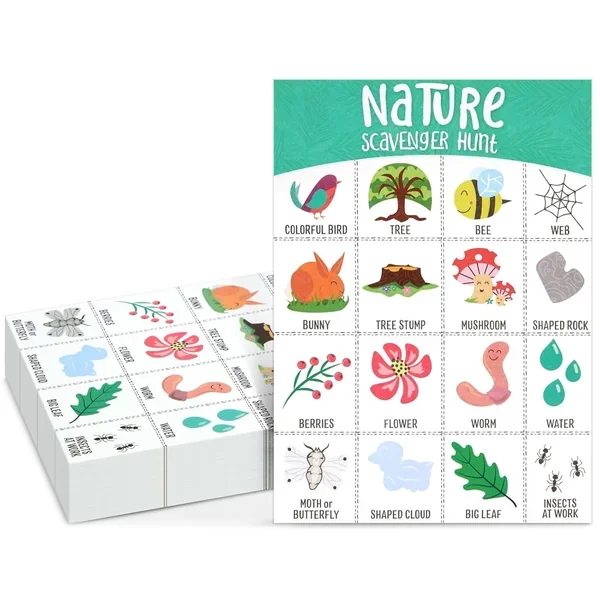 Juvale 50 Pack Nature Scavenger Hunt Cards for Kids Ages 4-8, Outdoor Find