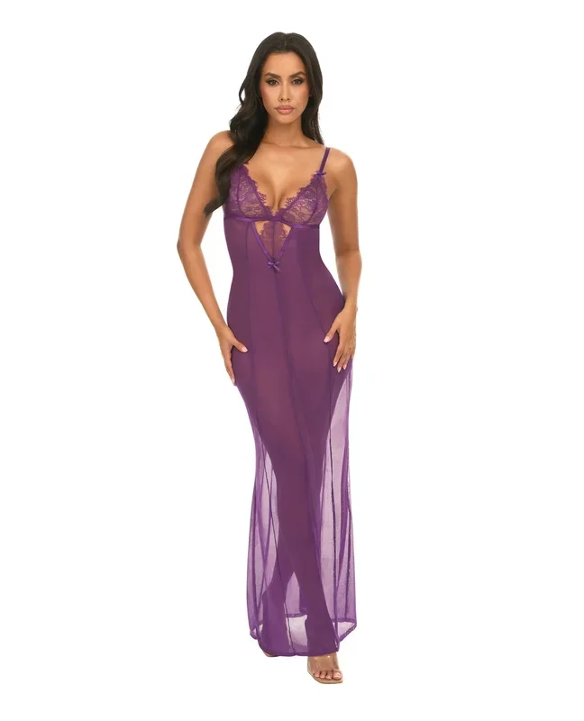 Katana Mesh & Eyelash Lace Gown – Purple