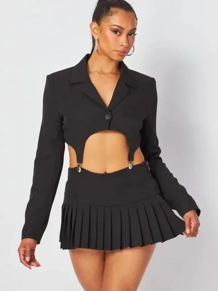 Khai Suspender Crop Jacket & Mini Pleated Skirt Set – Black –