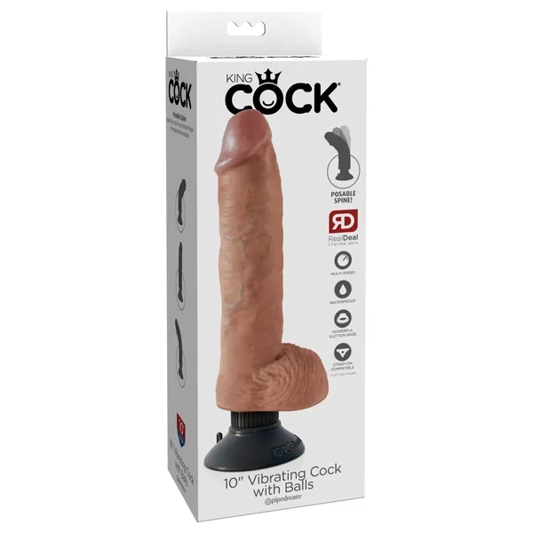 King Cock 10″ Vibrating Cock with Balls – Tan