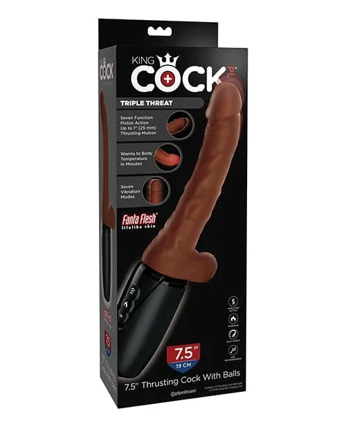 King Cock Plus Thrusting, Warming & Vibrating 7.5″ Triple Threat Dong – Brown