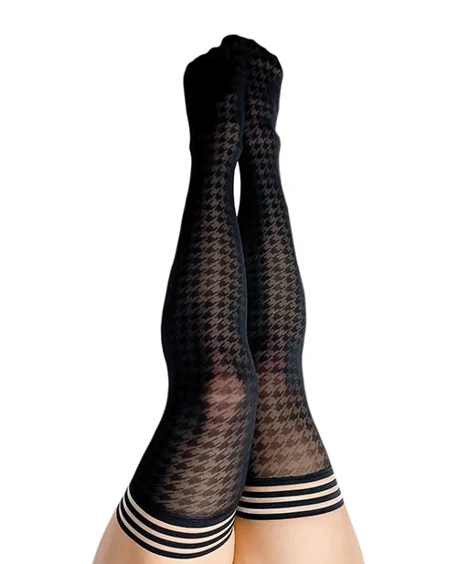 Kixies Meaghan Houndstooth Black Thigh High Stockings D