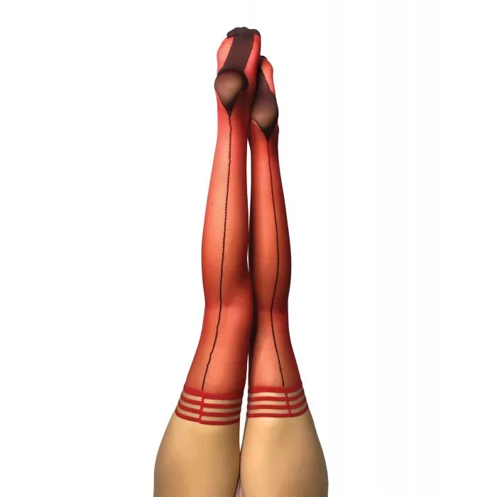 Kixies Monica Sheer Cuban Heel Back Seam Thigh Highs Red