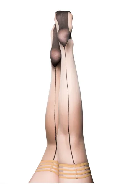 Kixies Ruby Nude Sheer Thigh-Highs with Black Back Seam and Cuban Heel Size D