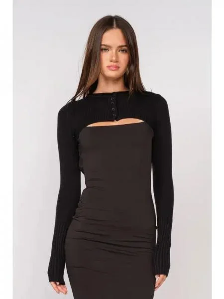 Knit Long Sleeve Crop Cardigan Sweater – Black –