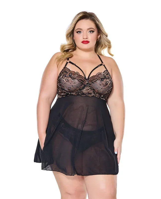 Lace and Mesh Underwire Babydoll with Thong – Black/Rose Gold 1X/2X