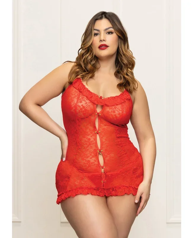 Lace Chemise with Ruffle Trim & G-String – Red QN