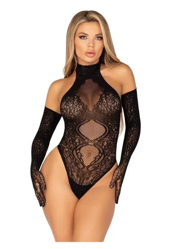 Lace Halter Teddy And Lace Gloves Set