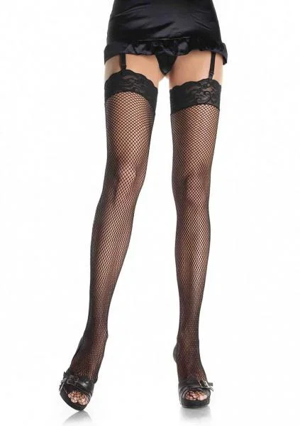 Lace Top Fishnet Thigh High – Black – Queen