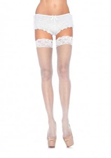 Lace Top Fishnet Thigh High – White – One Size