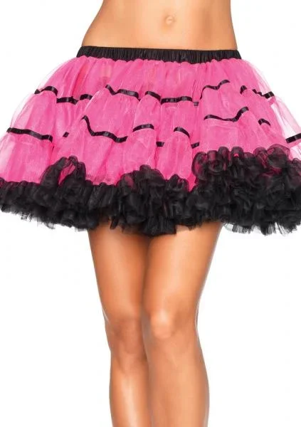 Layered Satin Striped Tulle Petticoat Skirt – Neon Pink/Black – One Size