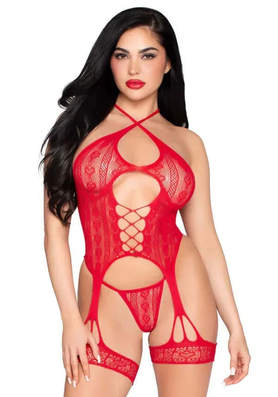Leg Avenue 2 pc Heart Net Halter Cami and G-String Panty Red