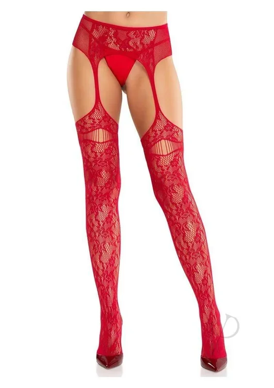 Leg Avenue Bloom Net Stockings with Cut-Out Thigh Detail and Attached Garter Belt – Red – O/S