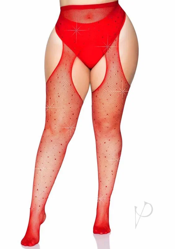 Leg Avenue Crystalized Fishnet Suspender Pantyhose 1X 2X Red
