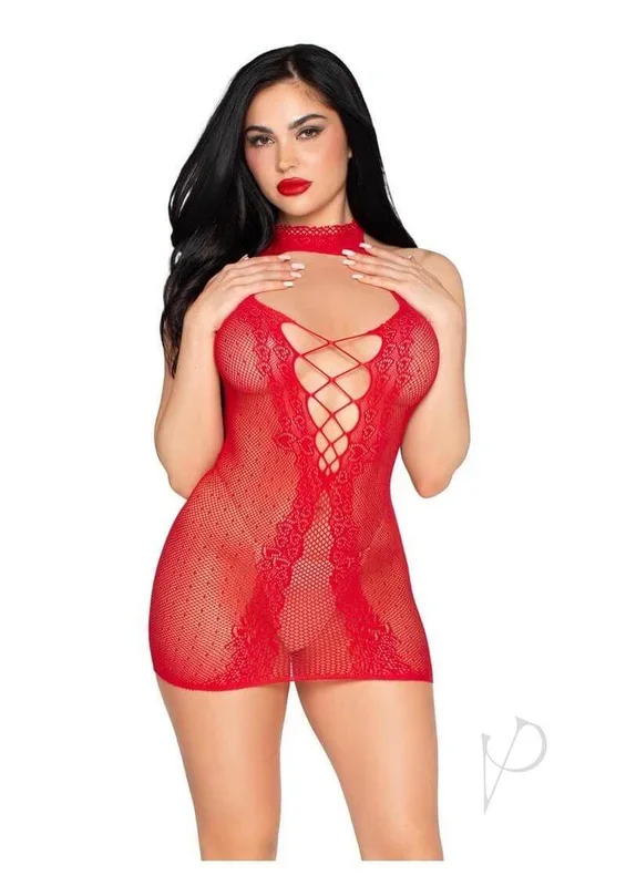 Leg Avenue Dotted Net and Lace Halter Mini Dress Red
