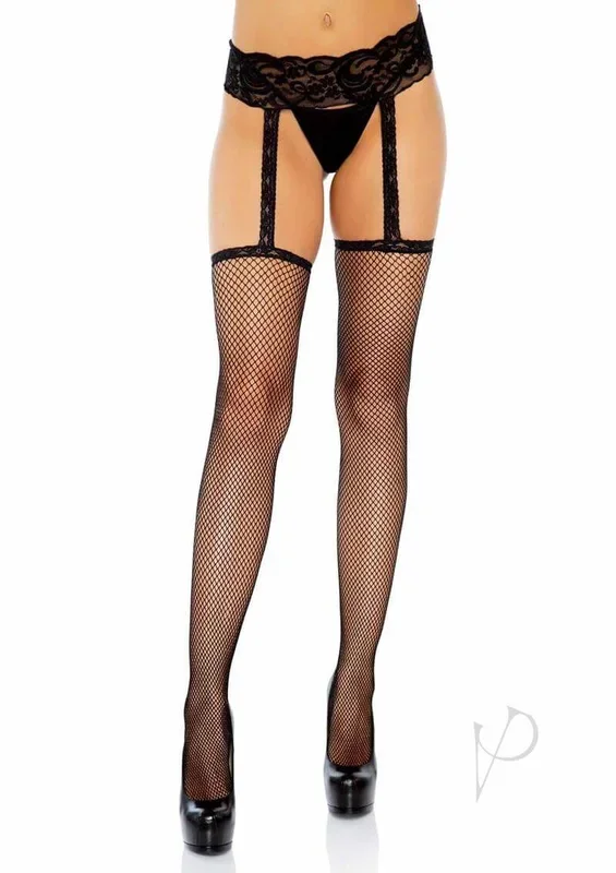 Leg Avenue Fishnet Stockings with Attached Lace Garter Belt OS Black