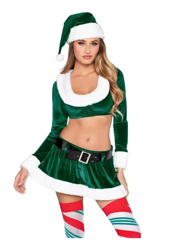 Leg Avenue Hoho Hottie, Velvet Crop Top with Faux Fur Trim, Mini Skirt, Belt and Santa Hat