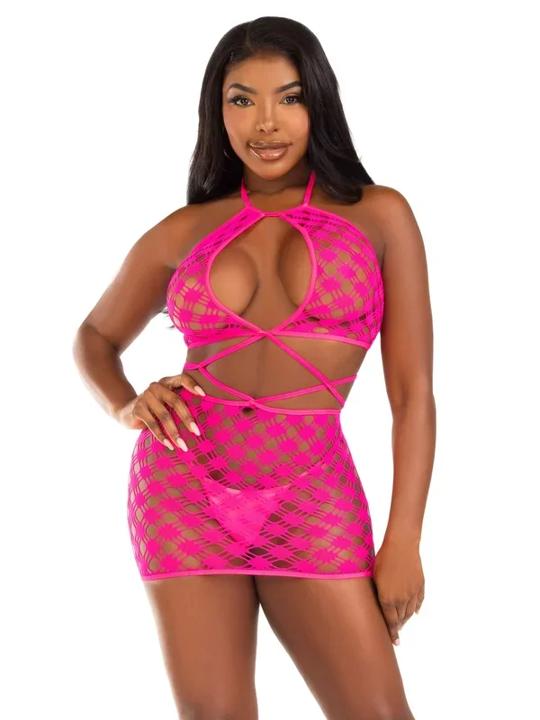 Leg Avenue Keyhole Halter Net Mini Dress (Neon Pink) – Lingerie