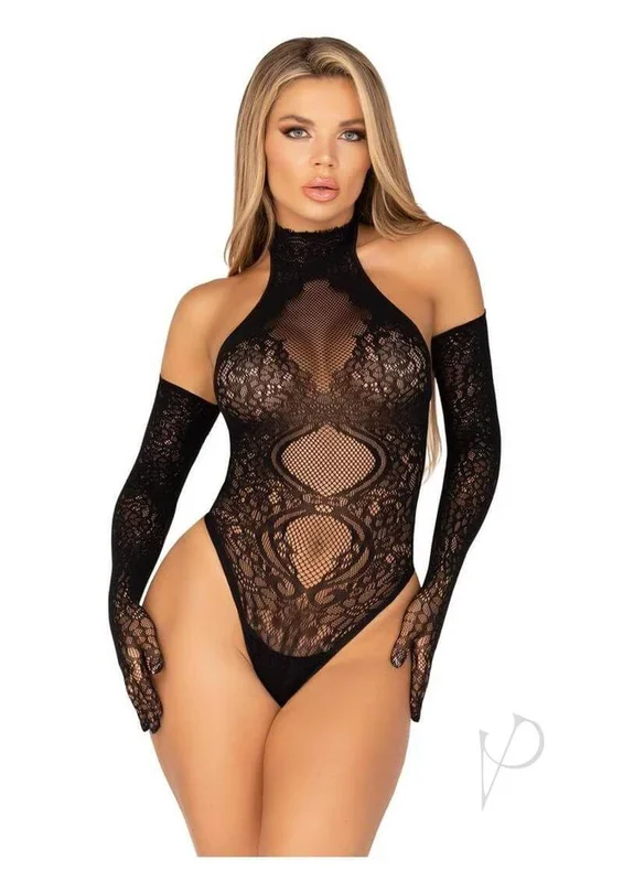 Leg Avenue Lace Halter Teddy and Matching Long Lace Gloves Black