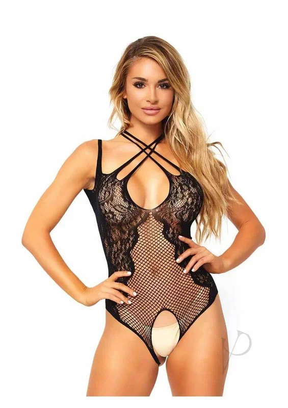 Leg Avenue Net and Lace Crotchless Teddy OS Black
