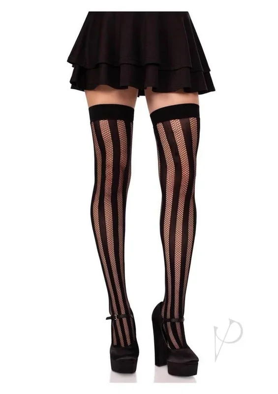 Leg Avenue Net and Opaque Striped Thigh Highs – Black – O/S