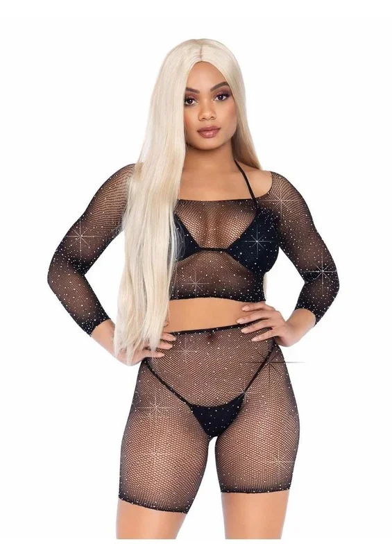 Leg Avenue Rhinestone Fishnet Long Sleeve Crop Top and Biker Shorts