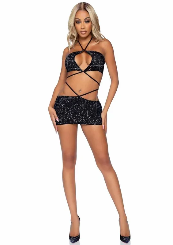 Leg Avenue Rhinestone Keyhole Bandeau Top and Low Rise Skirt with Waist Strap Detail (2 pieces) – Small – Black
