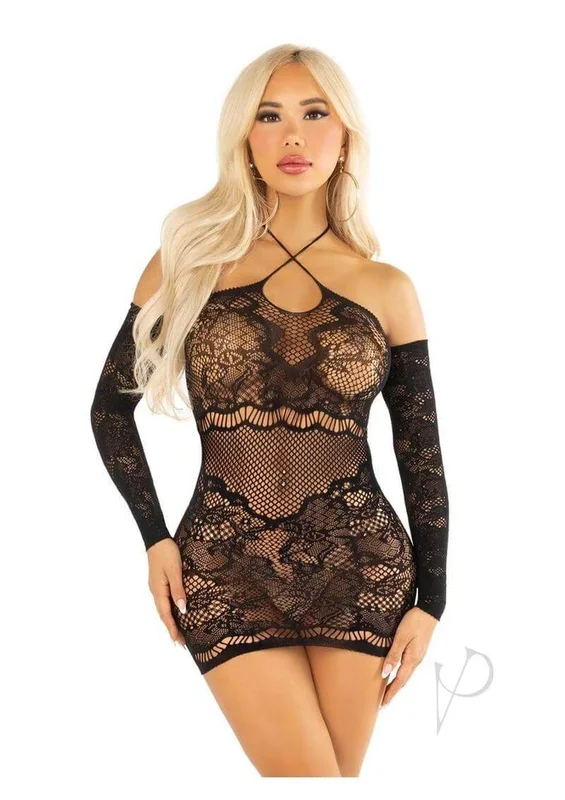 Leg Avenue Seamless Lace Net Off the Shoulder Dress OS Black