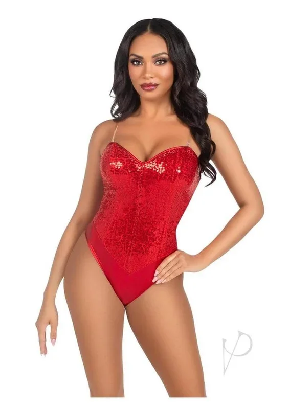 Leg Avenue Sequin Boned Snap Crotch Bodysuit with Detachable Clear Strap (2 Piece) – Large – Red